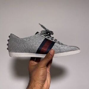Gucci Silver Glitter Sneakers with Striped Accent